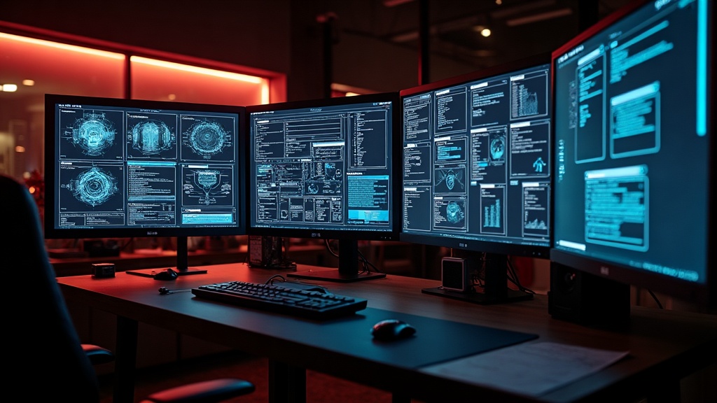 A dark studio at night lit in coral and ember tones, glowing monitors showing system-architecture wireframes and glass whiteboards etched with database schema and API flow diagrams for a custom software build