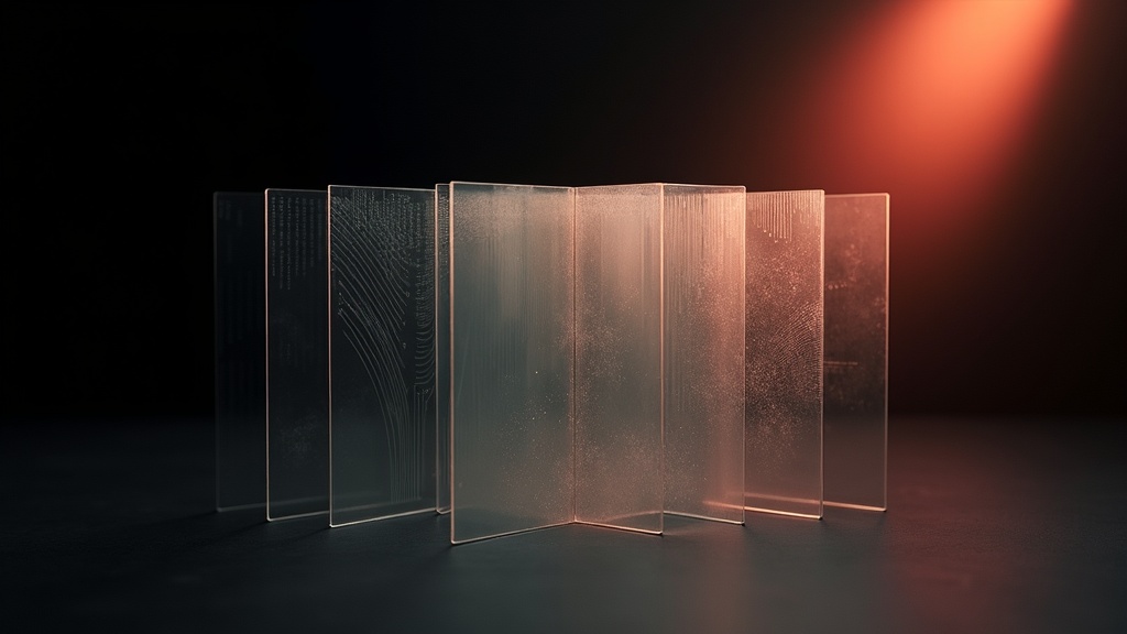 Abstract layered translucent glass panels lit by warm ember light against a dark void, evoking defense-in-depth security layers