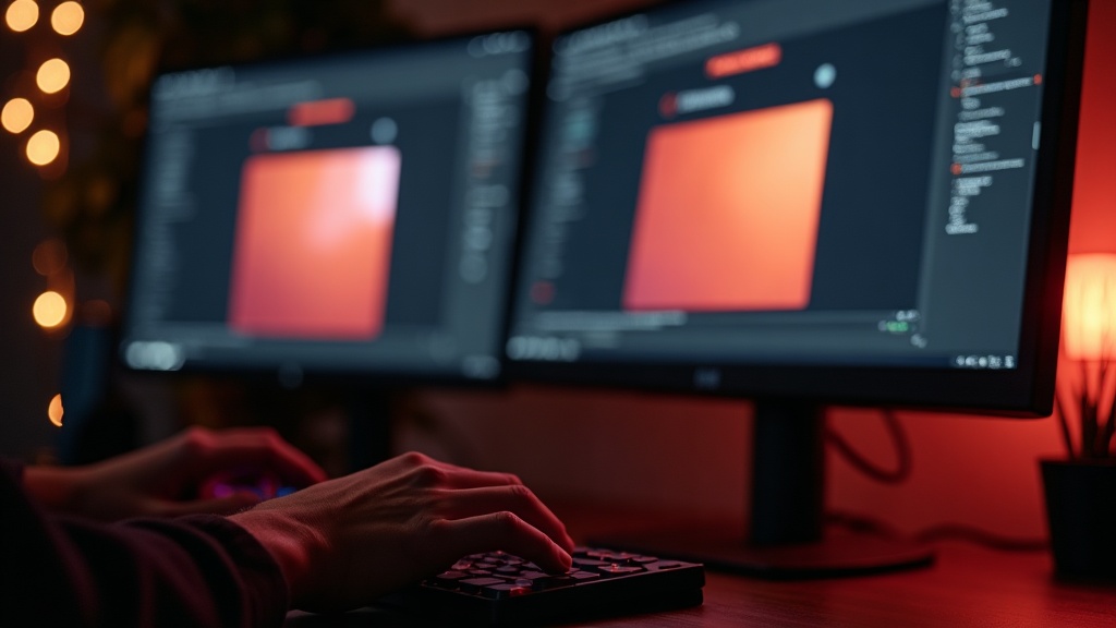 A developer's hands on a mechanical keyboard at night, dual monitors glowing coral with a website mockup and a mobile app screen